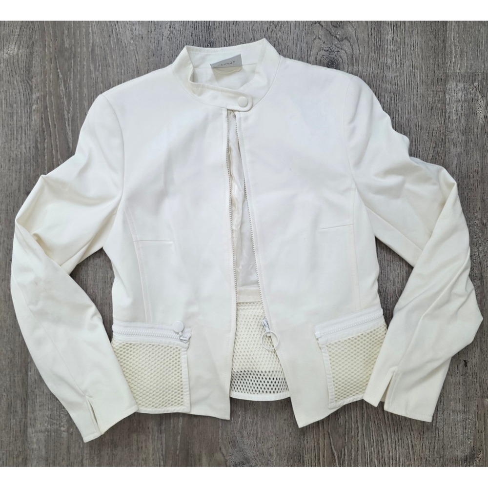 Akris Punto Moto Jacket Womens 6 White Good Mesh Trim Mock Neck Zip Up